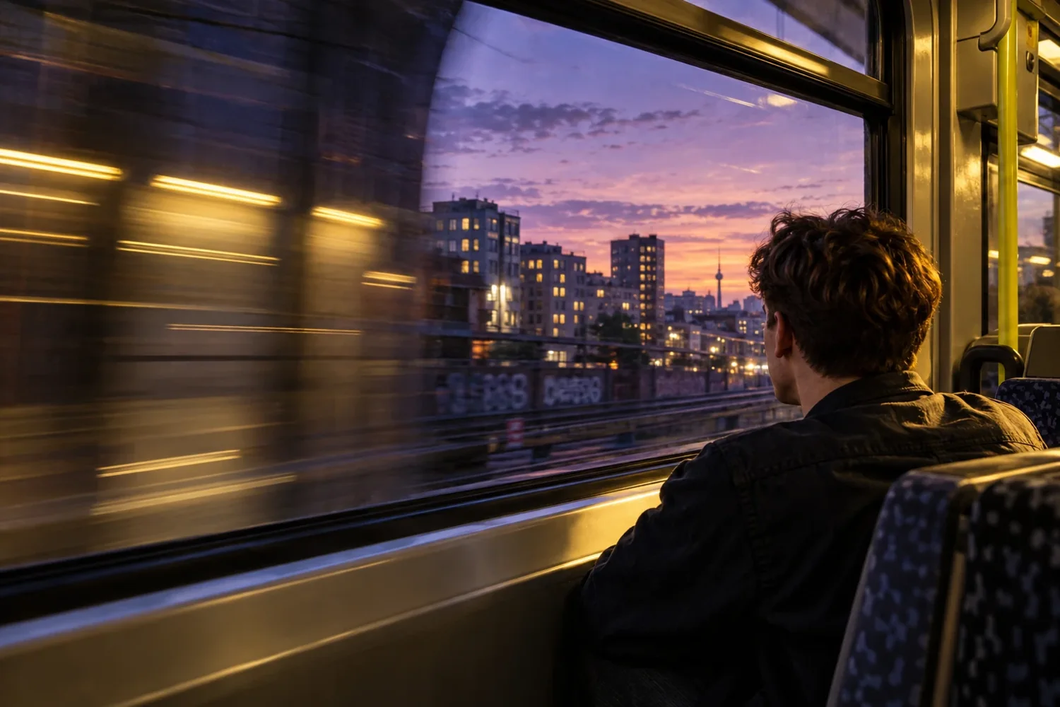 Eine junge Person blickt aus dem S-Bahn-Fenster auf vorbeiziehende Lichter und die Stadt in der Dämmerung.