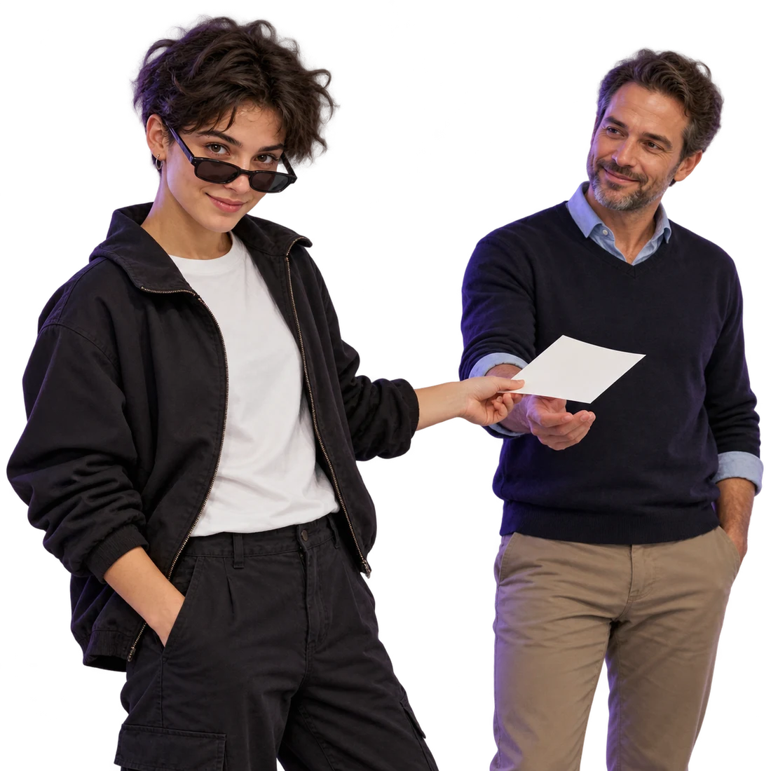 Illustrative Szene: Eine junge Person reicht einem älteren Gesprächspartner ein Blatt und blickt über die gesenkte Sonnenbrille in die Kamera.